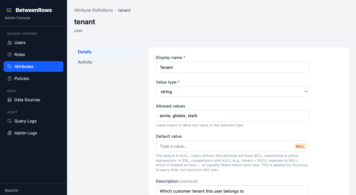Attribute definition form for the tenant attribute