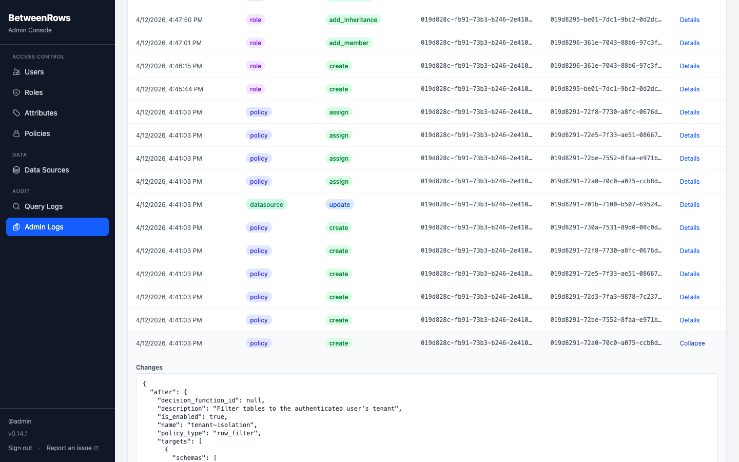 Admin audit entry showing actor, action, and change diff