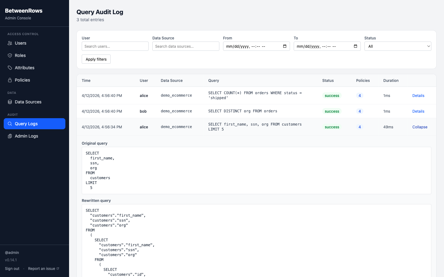 Query audit detail view showing rewritten SQL and applied policies