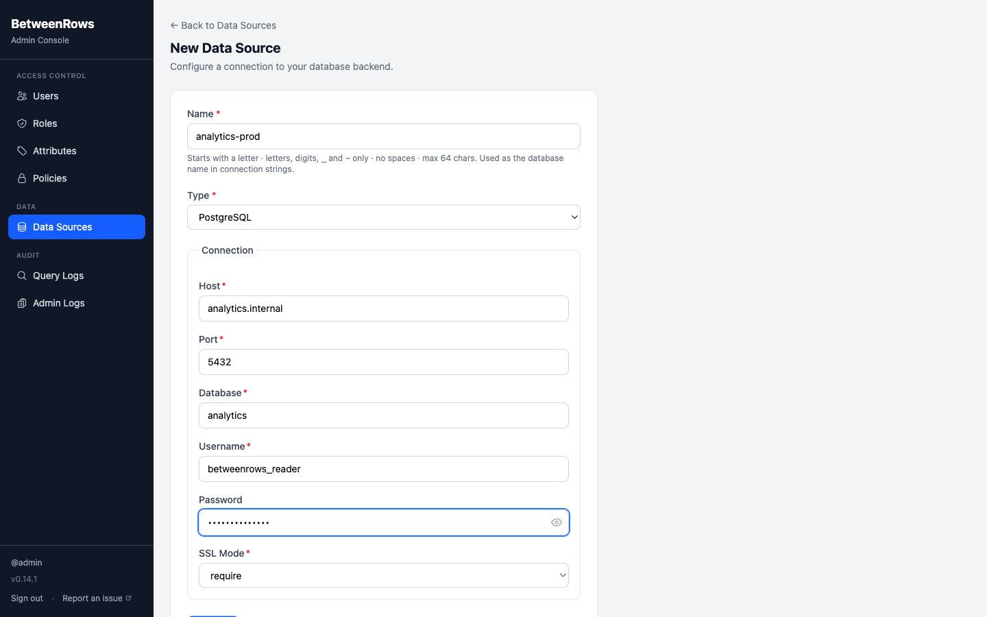 Data source connection form with demo PostgreSQL details