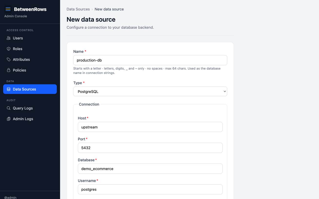 Data source connection form with demo PostgreSQL details