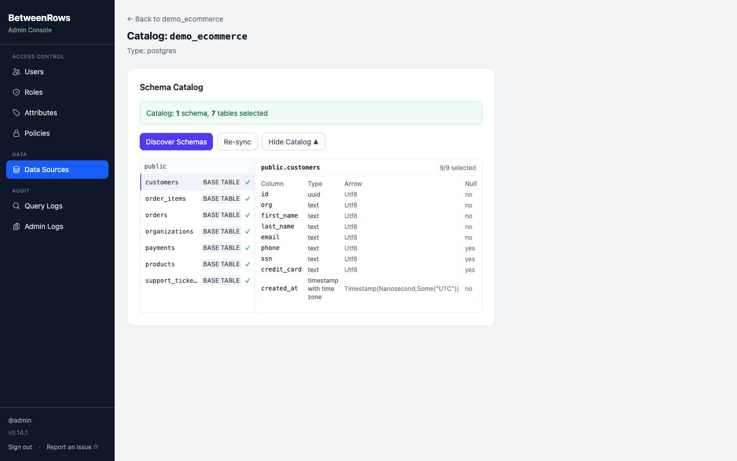 Catalog discovery wizard showing column selection step