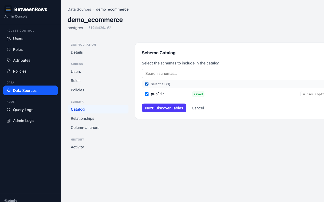 Catalog discovery wizard showing schema selection step