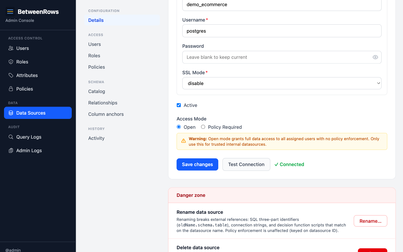 Successful connection test indicator on the data source form