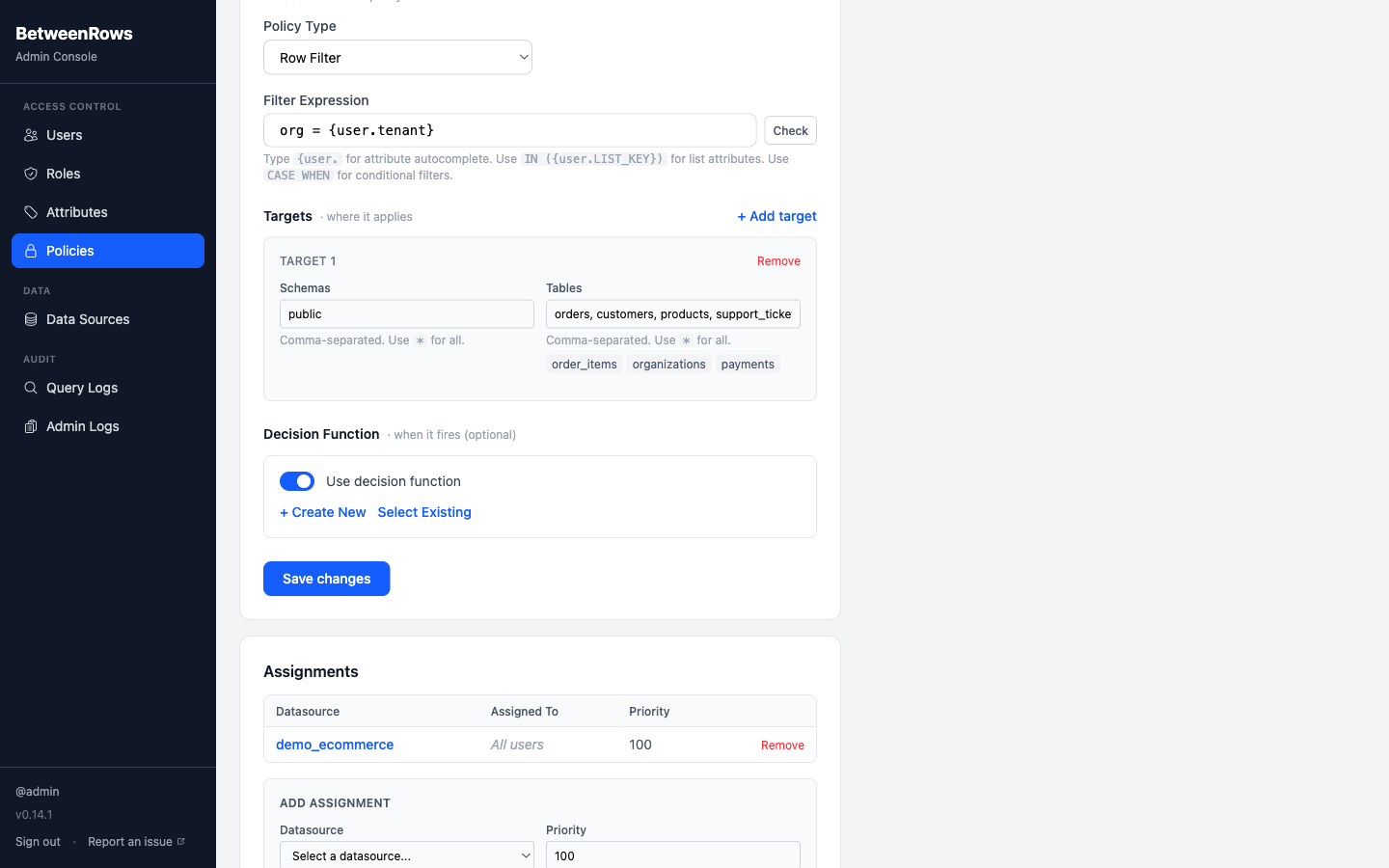 Decision function editor with business hours JavaScript source
