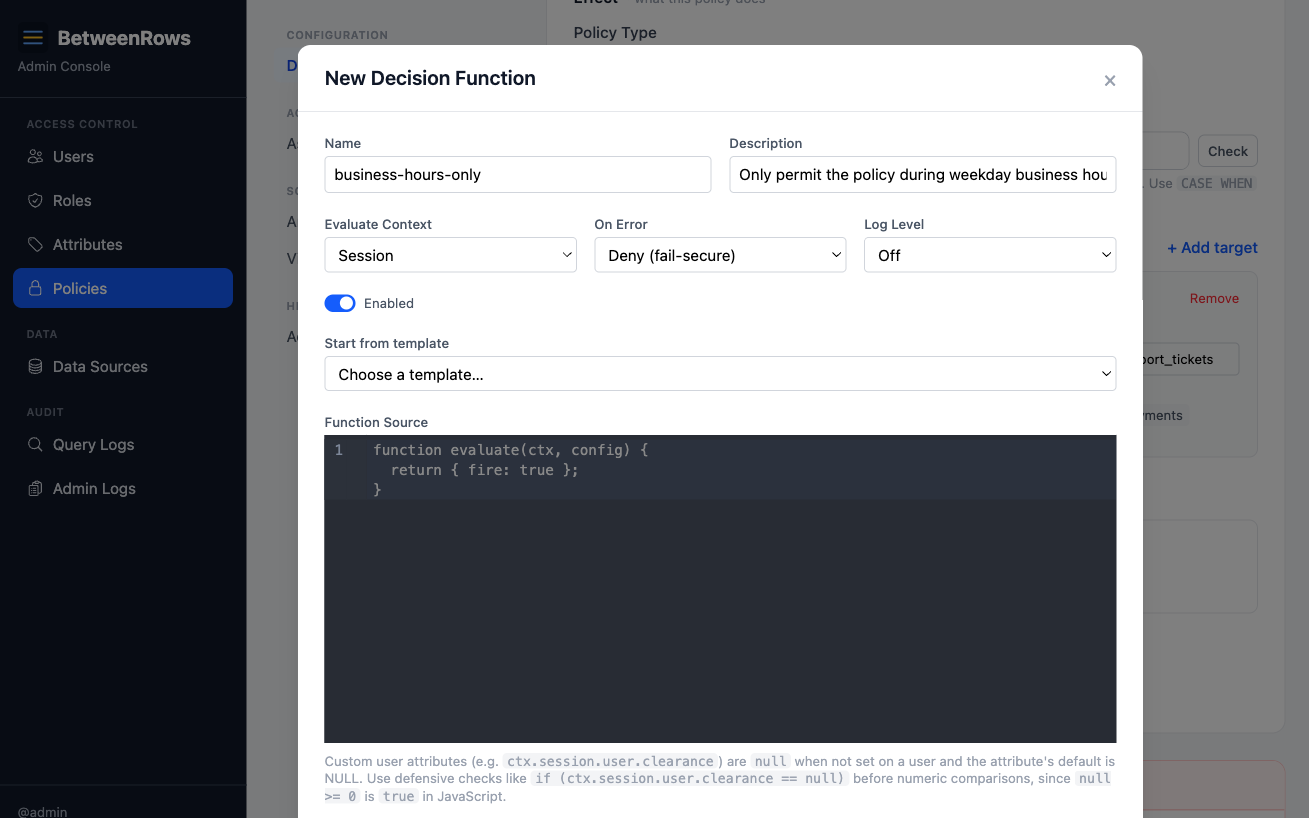 Decision function editor with business hours JavaScript source