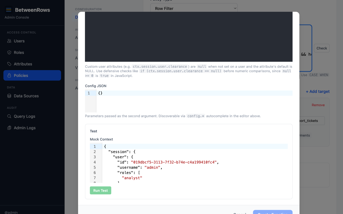 Decision function test runner with mock session context