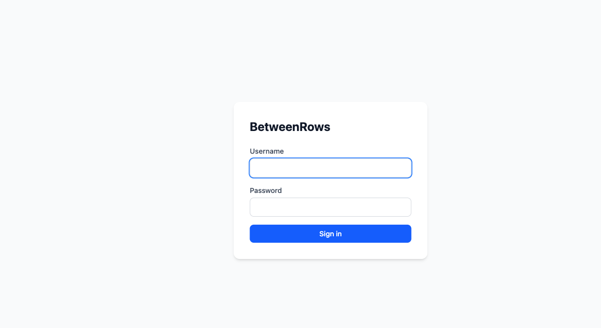 BetweenRows admin login screen served from the Docker container on port 5435