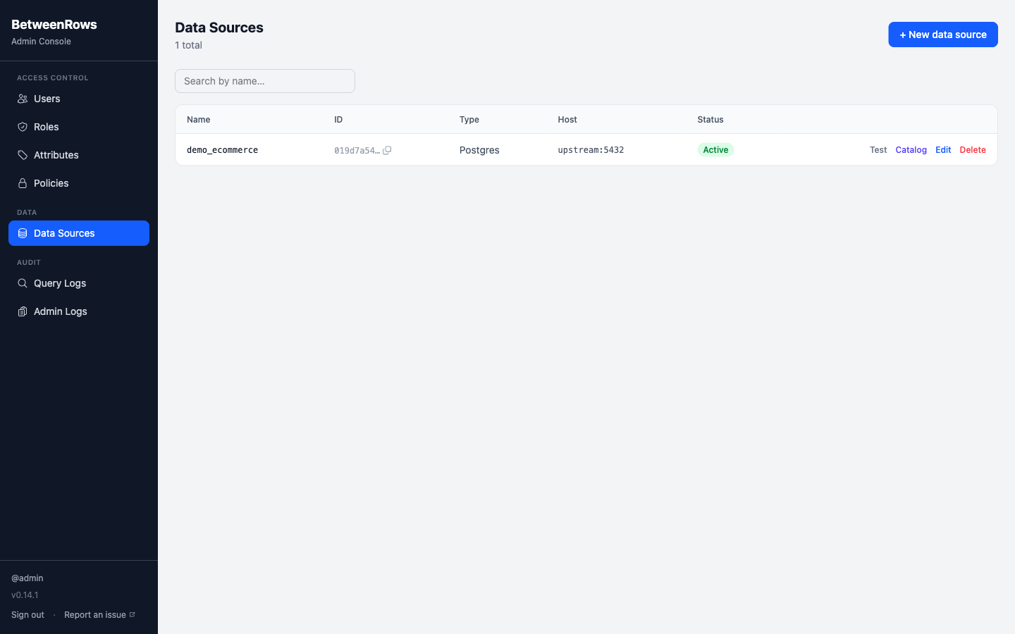 Configured data source in the admin UI