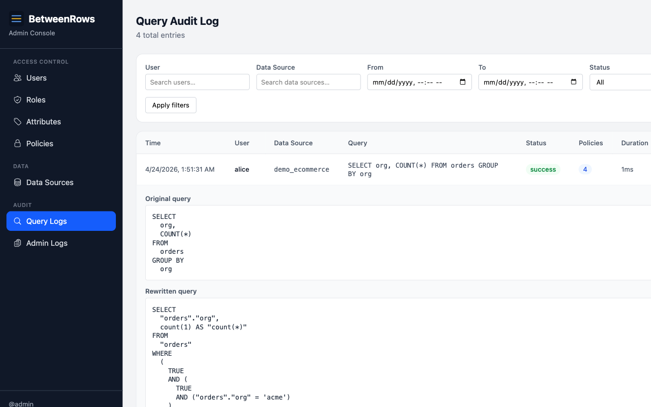 Query audit entry showing rewritten SQL with injected WHERE clause