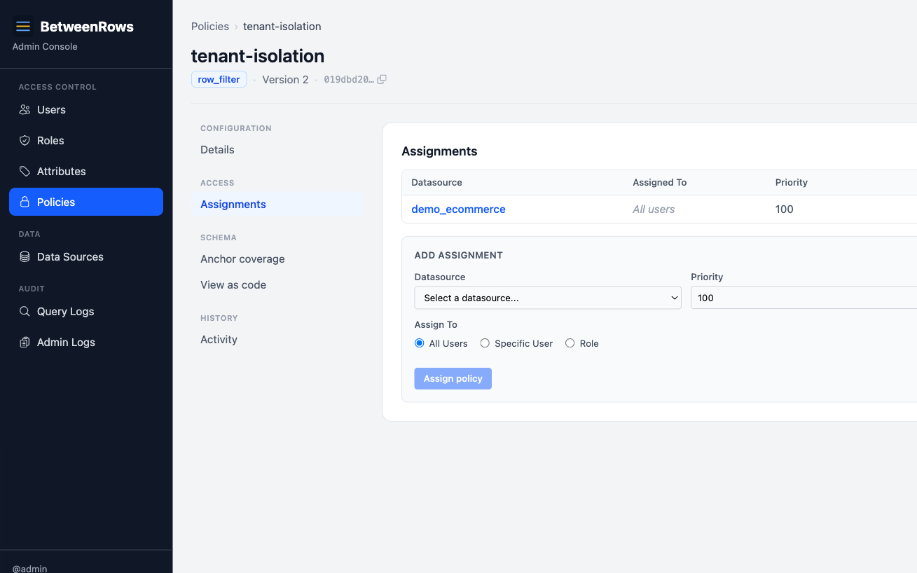 Assigning a row filter policy to a data source with all-users scope