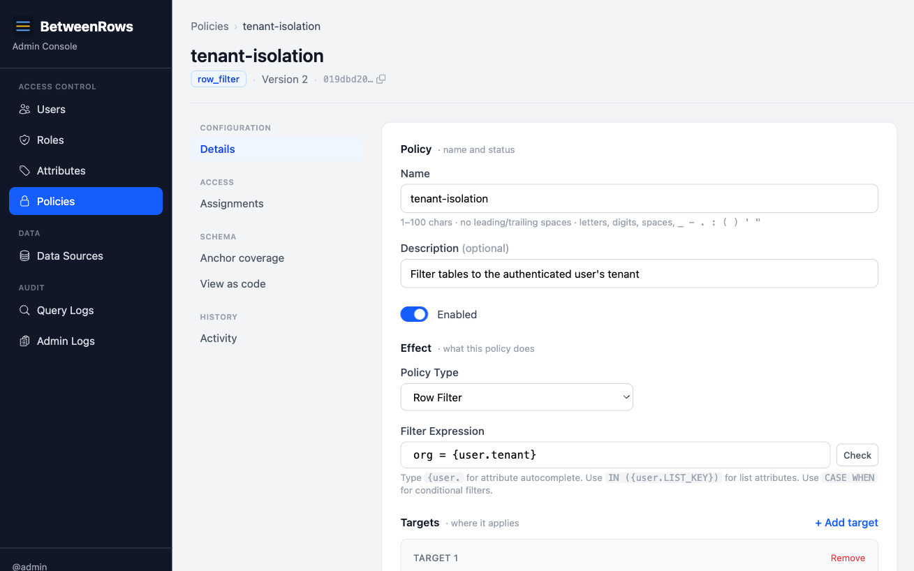 Row filter policy editor with tenant isolation expression