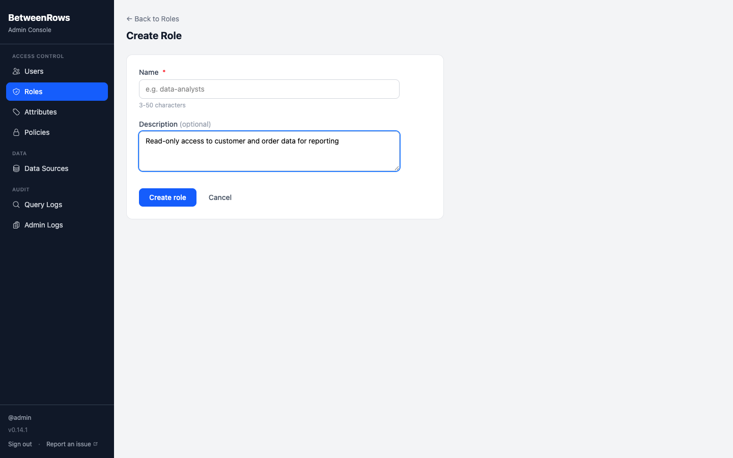 Create role form with name and description fields