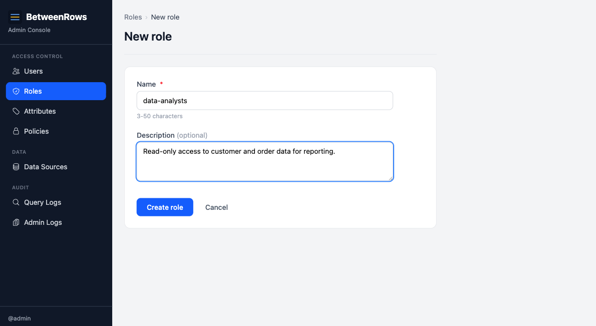 Create role form with name and description fields