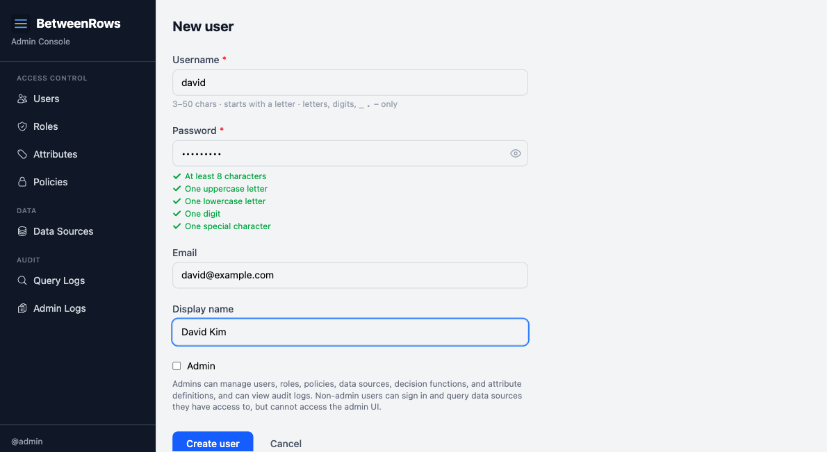 New user form in the admin UI